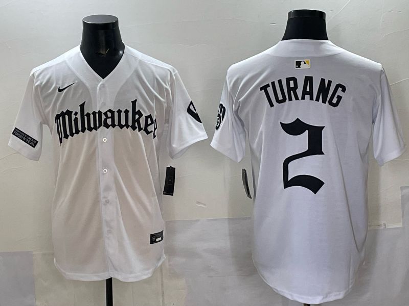 Men 2025 Milwaukee Brewers #2 Turang White Five generations Joint Name Nike MLB Jersey style 1->milwaukee brewers->MLB Jersey